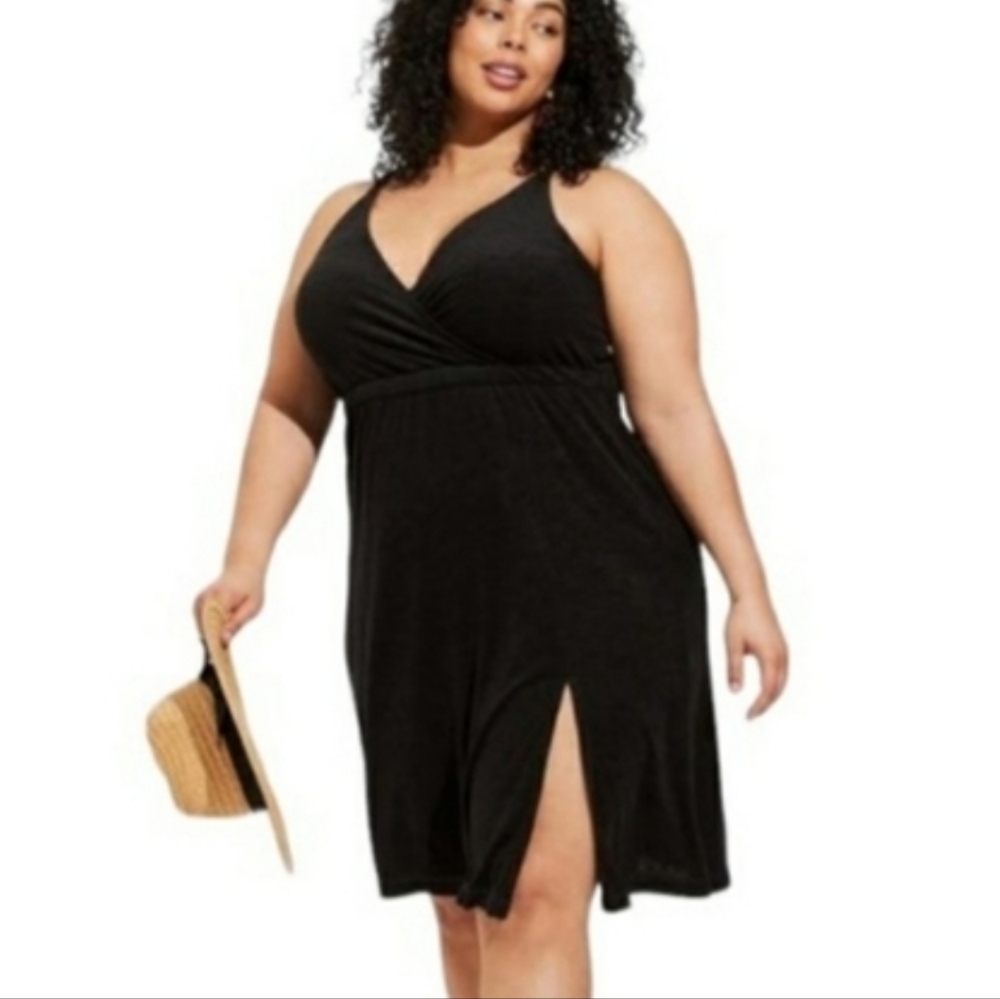 Torrid Midi Lightweight Terry Wrap Cover Up Dress 1X Black Side Slit Stappy Soft